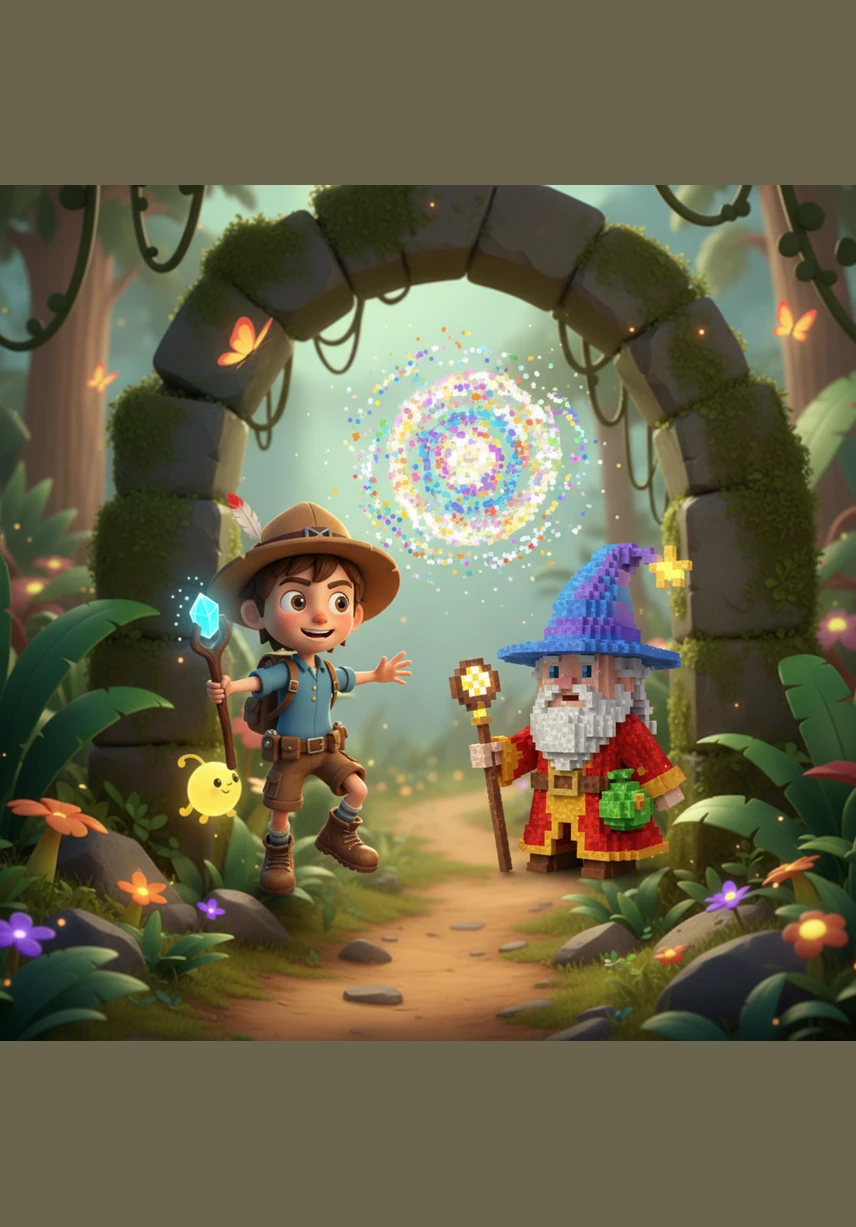 Brave Leo grabs a legendary Restoration Tool from a nearby stand and begins to paint the color back into the world. He jumps across disappearing platforms and dodges falling blocks to reach the source of the glitch.