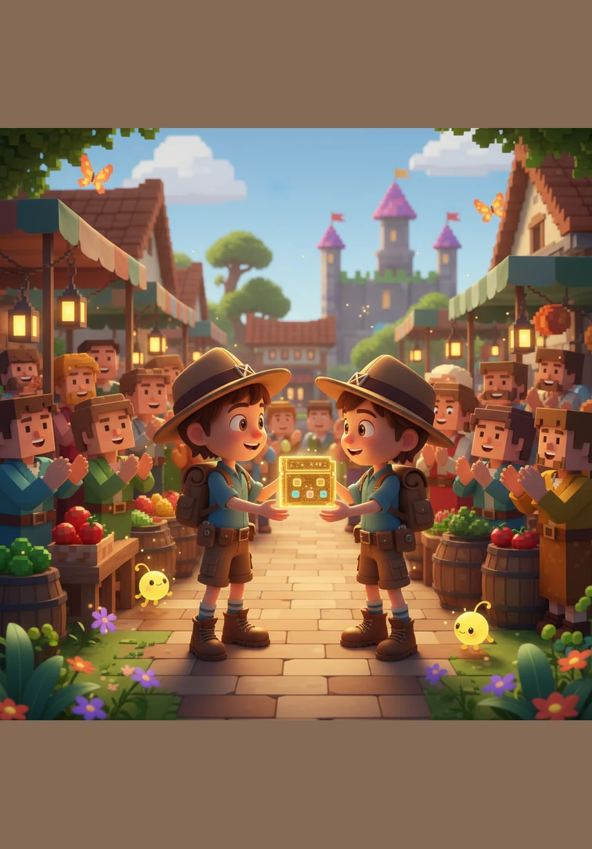 The citizens of the pixel market gather to thank Leo, presenting him with a rare golden cartridge as a token of their gratitude. The wizard tells him that he will always be a hero in their world and is welcome back anytime.