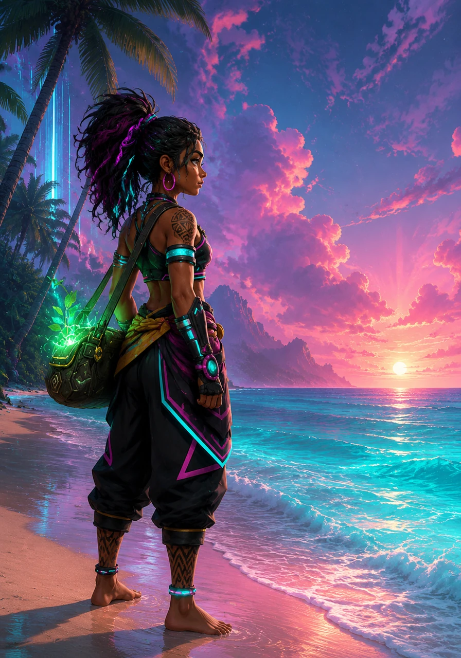 Moana stands at the edge of the turquoise water, her gaze fixed on the distant horizon where the sky meets the sea. The warm sand tickles her toes as she feels the rhythmic pulse of the tide calling out to her spirit. Behind her, the palm trees of Motunui sway gently in the tropical breeze, but her heart belongs to the deep blue expanse.