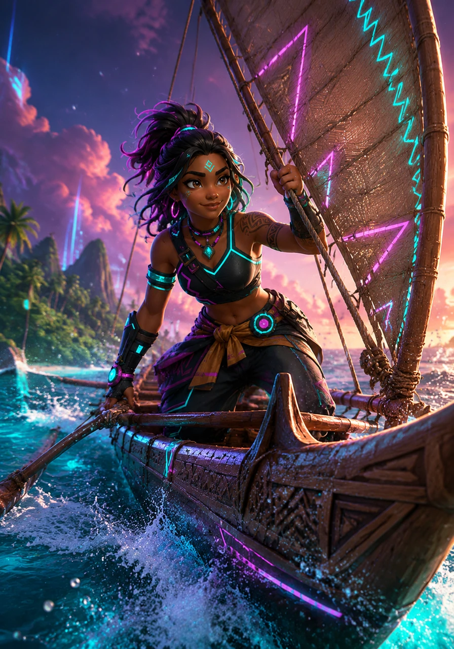 With a determined smile, Moana pushes her traditional voyaging canoe into the surf, the wood creaking with the promise of adventure. She expertly adjusts the woven sail, catching the wind as the shore begins to fade into a small green emerald behind her. The ocean welcomes her with a gentle spray of salt water against her cheeks.