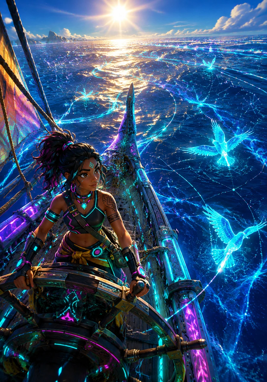 As the sun climbs high into the sky, the water transforms into a shimmering tapestry of sapphire and gold. Moana navigates by the patterns of the waves and the flight of birds, feeling a deep connection to the ancient wayfinders who came before her. The sea seems to dance around her boat, guiding her toward the unknown.