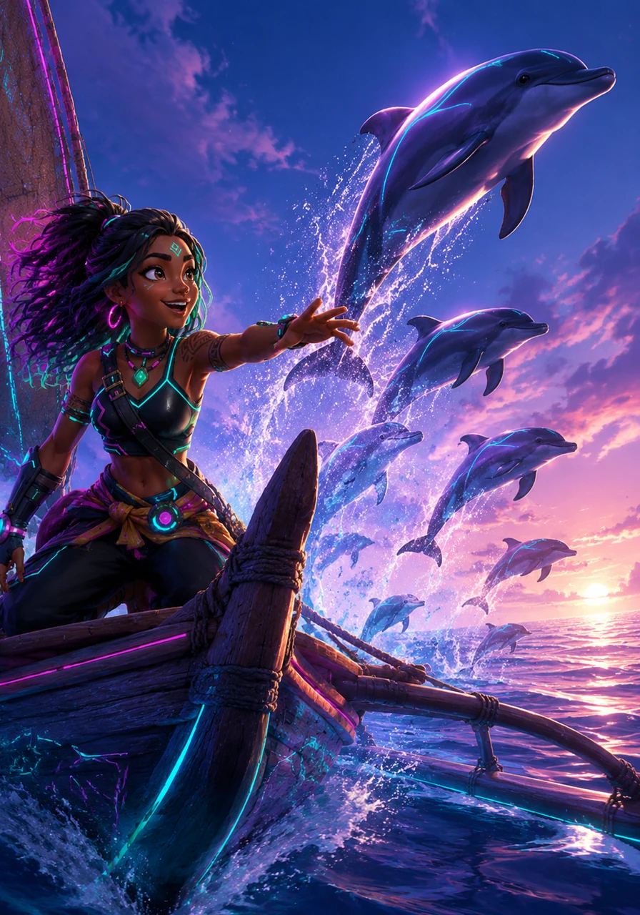 A pod of playful dolphins emerges from the depths, leaping over the bow of the canoe in a synchronized display of joy. Moana laughs and reaches out her hand, watching the sunlight glint off their sleek backs as they lead her further into the open ocean. Their presence feels like a blessing from the sea itself, confirming she is on the right path.