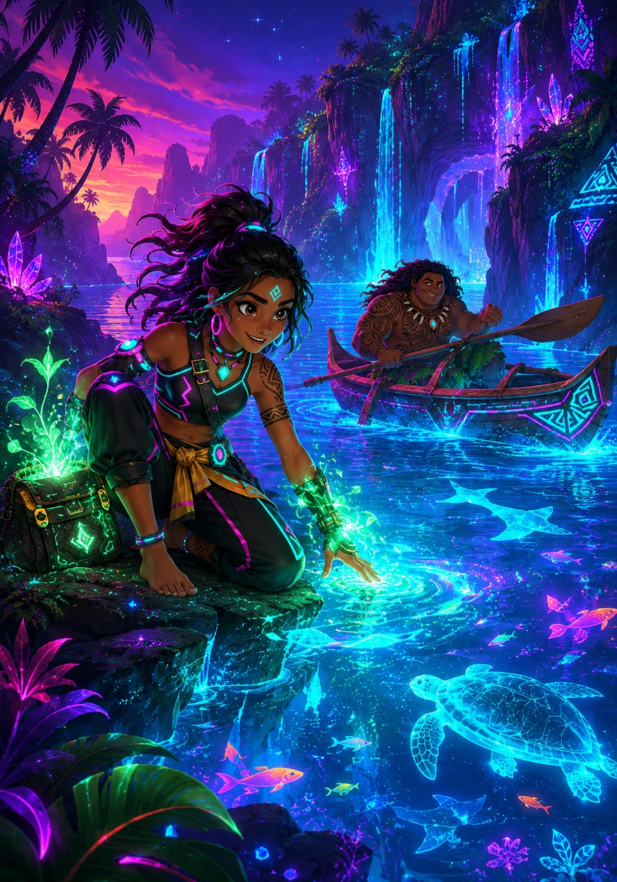 The sky turns a deep violet as evening approaches, and Moana discovers a hidden bioluminescent cove nestled beneath towering sea cliffs. The water glows with a magical neon light, illuminating the schools of fish that drift like tiny stars beneath the surface. It is a moment of pure wonder, showcasing the hidden mysteries of the great deep.