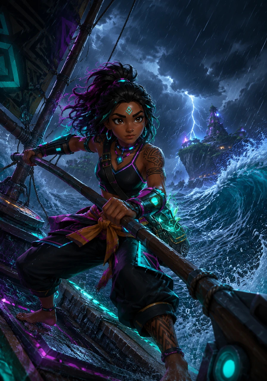 Suddenly, dark clouds gather and the wind begins to howl, challenging Moana's courage and skill. She grips the steering oar tightly, maneuvering her small craft through the towering waves and the lashing rain. Even in the face of the storm's fury, her resolve remains unshaken as she trusts in her bond with the ocean.