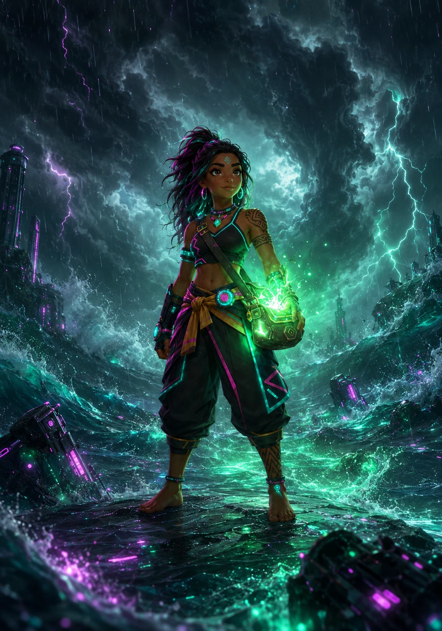 In the center of the storm, the Heart of Te Fiti begins to glow with a soft, warm green light from within Moana's satchel. The magical radiance calms the churning waters and provides a beacon of hope in the darkness. She realizes that her inner strength is just as powerful as the ancient relics she carries.