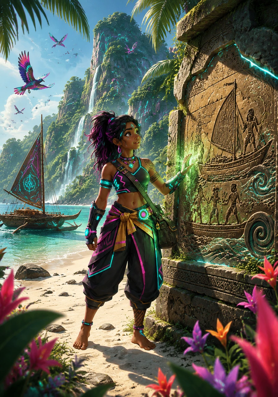 The storm breaks to reveal a lush, uncharted island filled with vibrant tropical flowers and the songs of exotic birds. Moana steps onto the pristine white sand, marveling at the untouched beauty of this distant paradise. Here, she finds ancient stone carvings that tell the stories of her ancestors and their love for the sea.