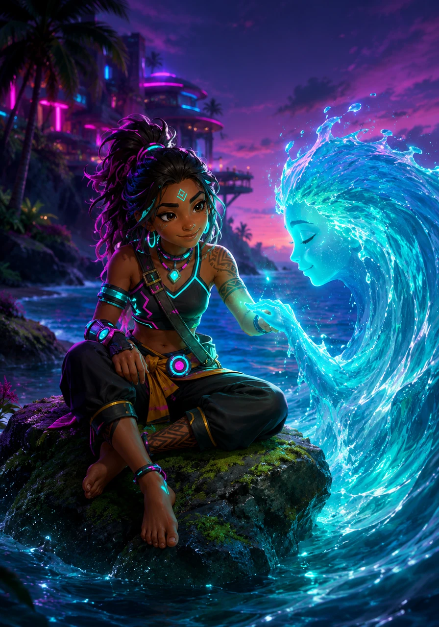 Sitting quietly on a mossy rock, Moana shares a moment of profound peace with the spirit of the ocean. The water rises up in a gentle wave, nudging her hand like a loyal friend and whispering secrets of the currents. She understands now that she is never truly alone as long as she has the sea by her side.