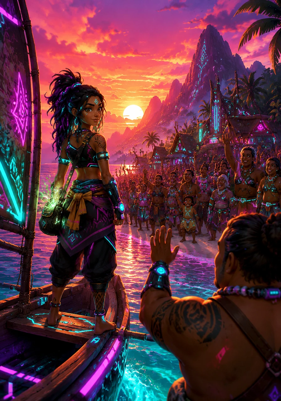 As the sun sets in a spectacular explosion of orange and pink, Moana sails back toward the familiar peaks of Motunui. Her village gathers on the shore to welcome their hero home, celebrating the wisdom and courage she brought back from the deep. She has not only crossed the ocean but has found the true meaning of her destiny.