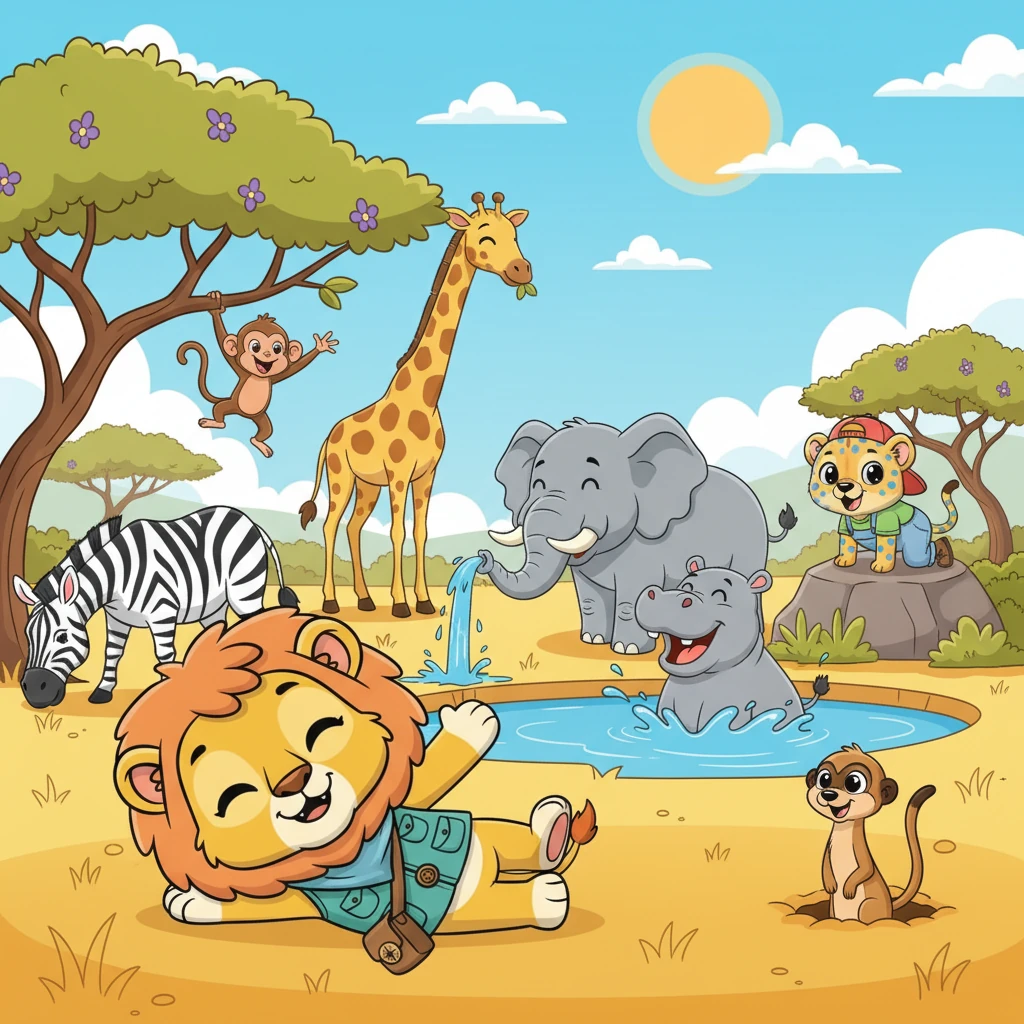The sun shone bright over the savanna, where all the animal friends were enjoying a peaceful morning. Leo the brave lion stretched lazily, Zara the kind zebra grazed on lush grass, and Tamu the wise elephant showered herself at the sparkling waterhole. Laughter echoed as Kiko the playful monkey swung through the trees, while Nala the gentle giraffe munched on the highest leaves. Rafi the fast cheetah watched playfully, Bobo the happy hippo splashed in the cool water, and Milo the curious meerkat popped his head out of his burrow.