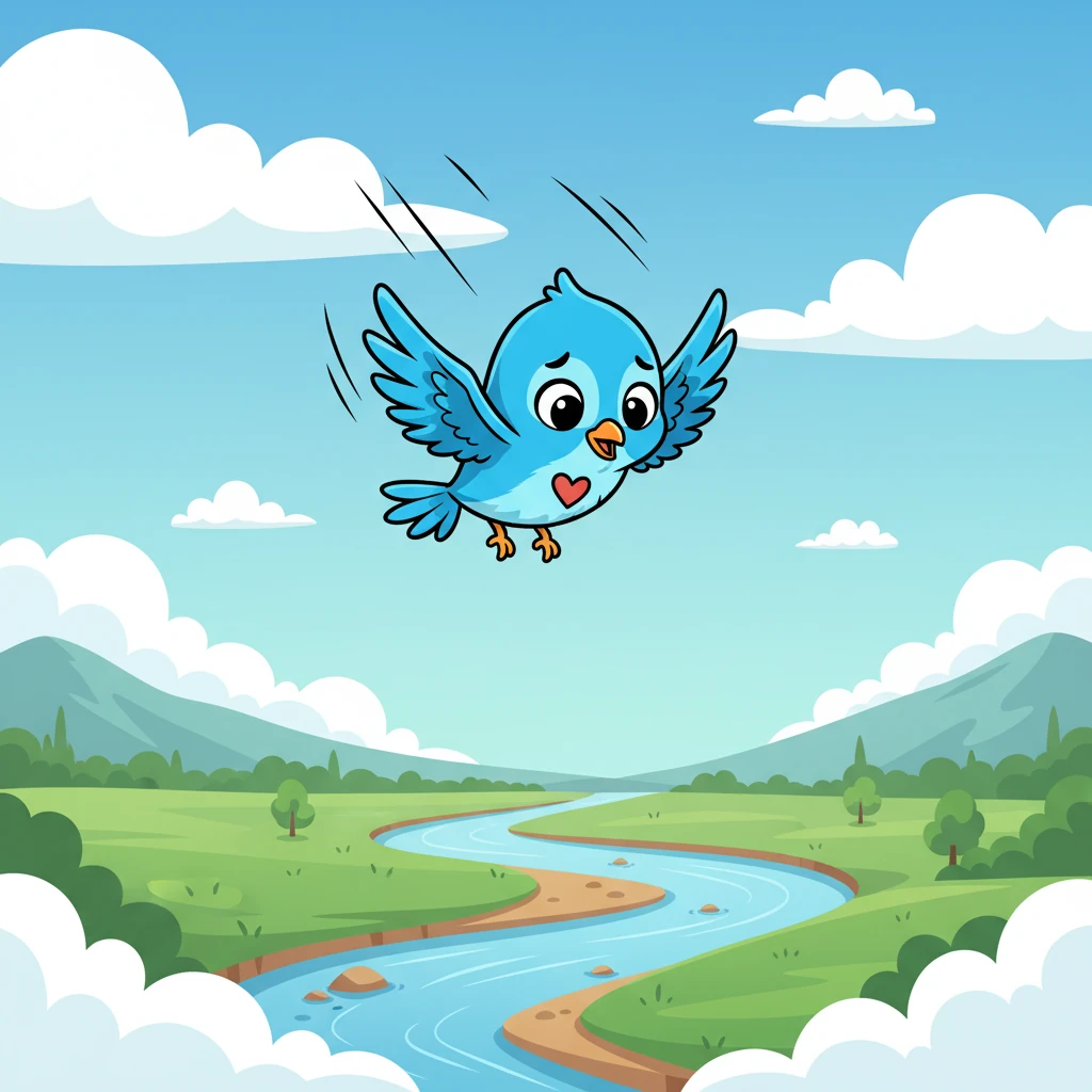 High above, a tiny bird named Pip, with bright blue feathers, flitted from cloud to cloud. As he soared over the winding river, he noticed something alarming: the water flow was much weaker than usual, barely a trickle in some spots! Pip zoomed down, his little heart fluttering, determined to tell his friends.