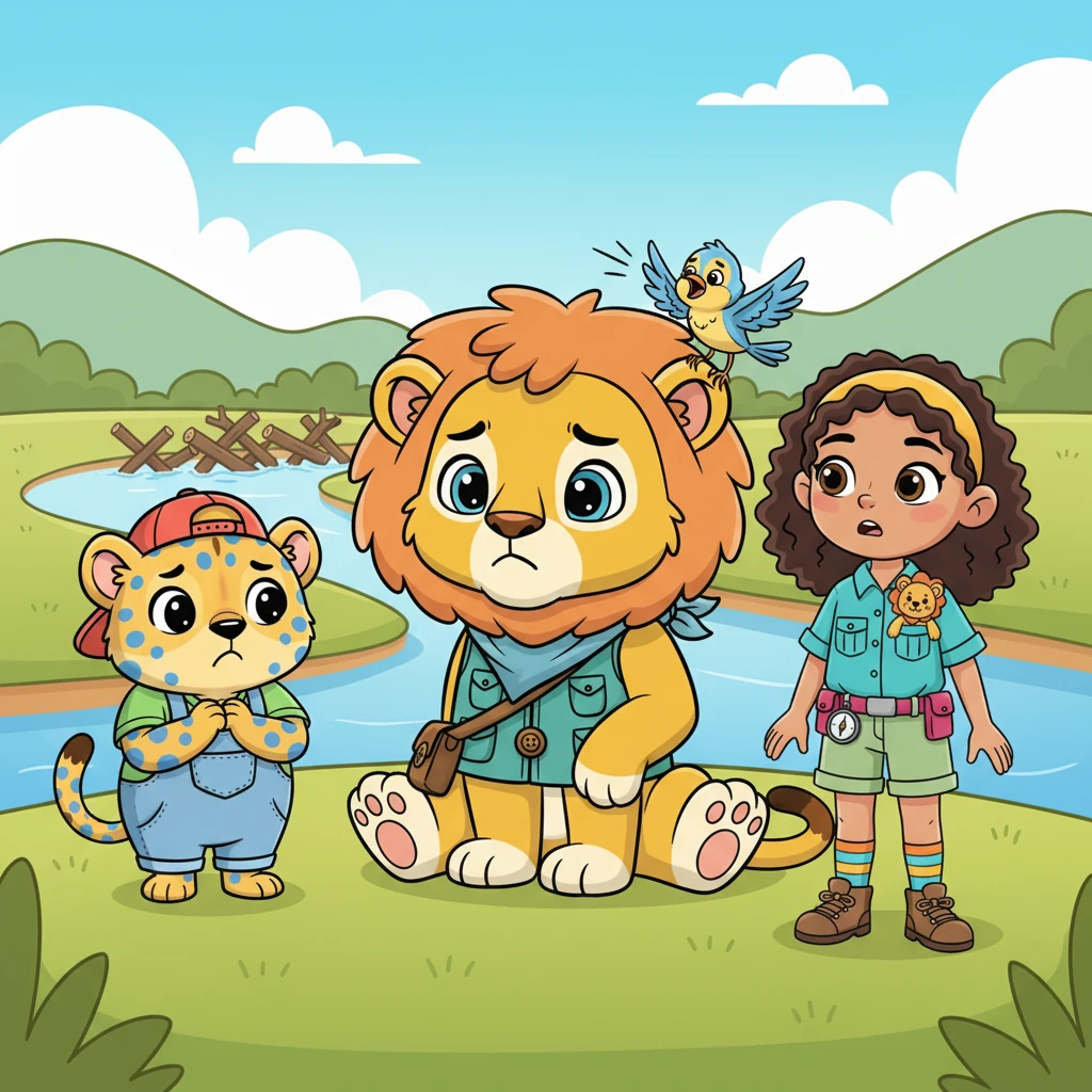 Pip landed with a soft chirp on Tamu's ear, urgently explaining what he saw. The friends gathered, their expressive faces turning from happy to concerned. Tamu, with a thoughtful rumble, suggested they all travel upstream to investigate the mysterious blockage, knowing their home depended on the river.