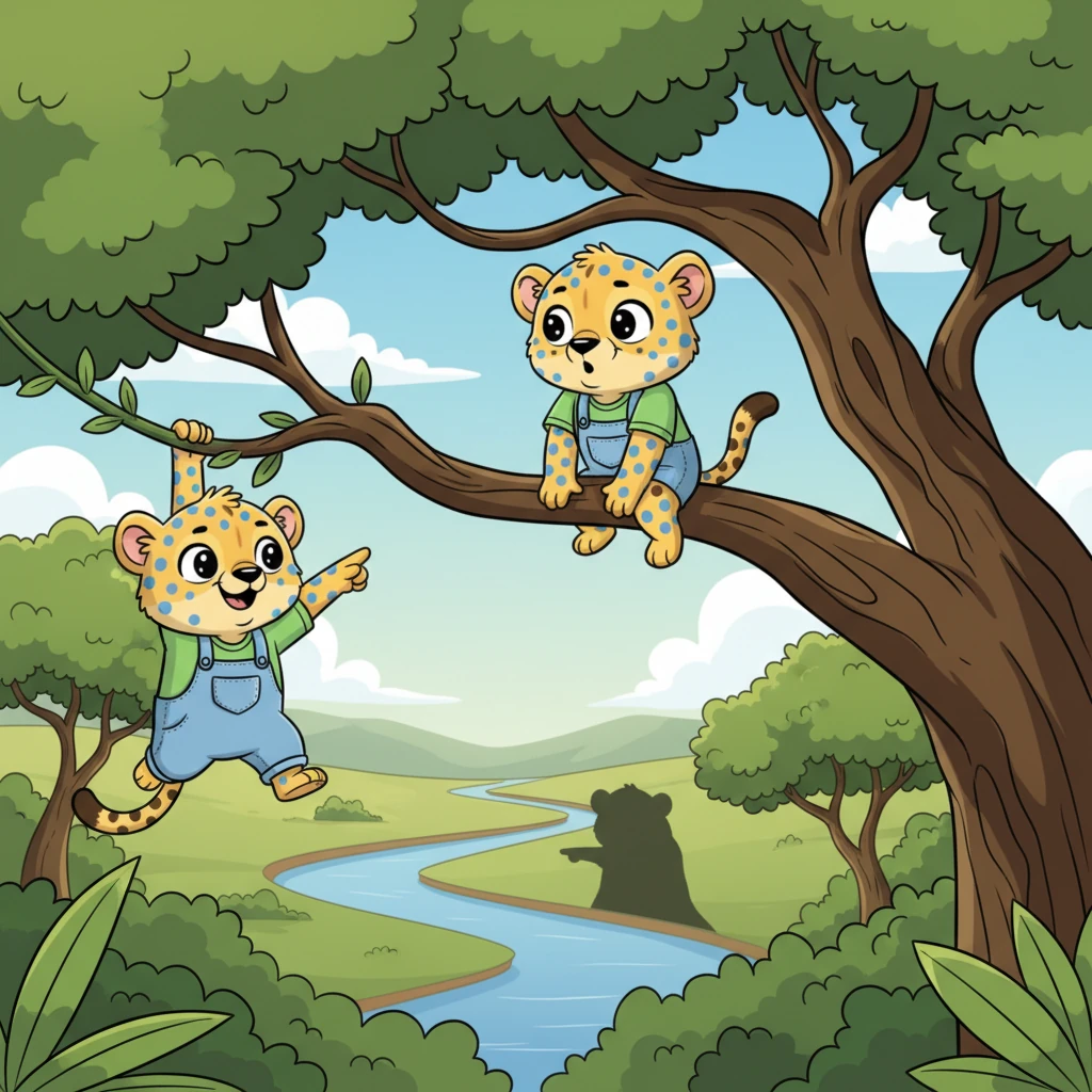 Kiko, ever agile, volunteered to scout ahead. With a mischievous grin, he swung from vine to vine, then scaled the tallest acacia tree with incredible speed. From his leafy perch, he could see something large and dark obstructing the river's path further up.