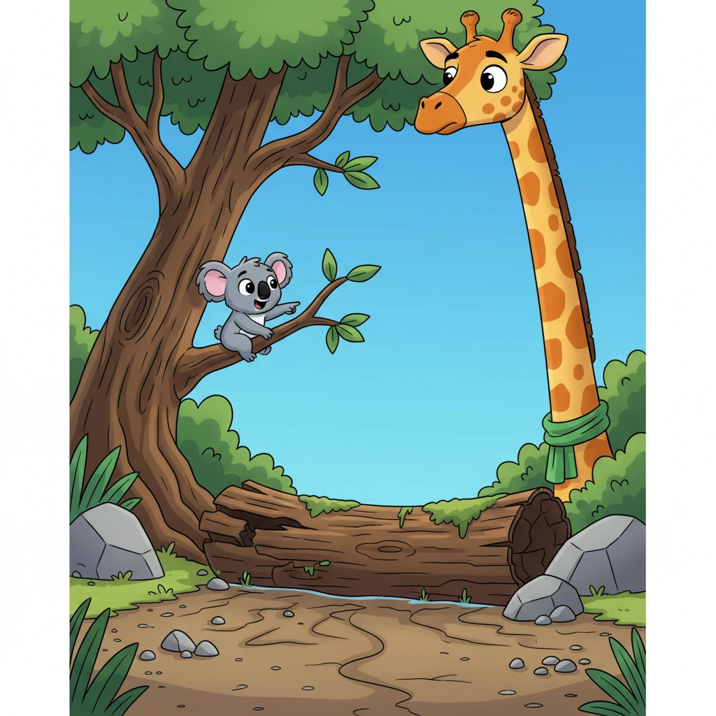 Nala, with her incredibly long neck, stretched even higher, peering past Kiko's tree. Her gentle eyes confirmed Kiko's discovery: a massive, ancient log had fallen right across the river, damming the water and causing it to dry up downstream. The task looked daunting.