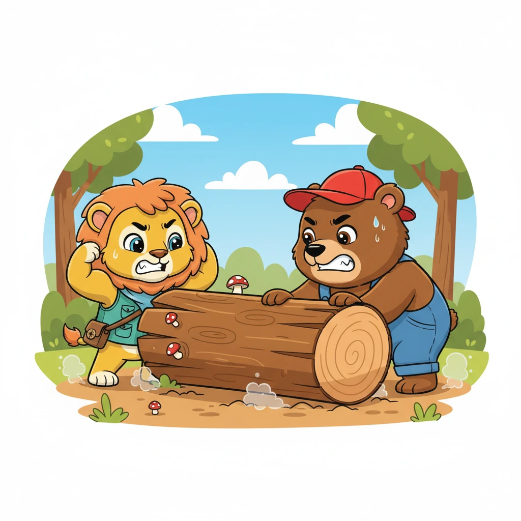 Leo, flexing his mighty muscles, and Bobo, with his immense strength, took the lead. Together, they pushed and shoved against the colossal log. Grunting and groaning, their combined power slowly but surely began to shift the heavy timber, inch by challenging inch.
