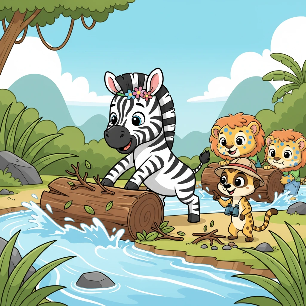 While Leo and Bobo strained, Zara the kind zebra used her strong hooves to clear away smaller branches and debris that had piled up around the log. Milo the curious meerkat, ever vigilant, darted in and out, checking for any hidden roots or stones that might still impede the water's flow.