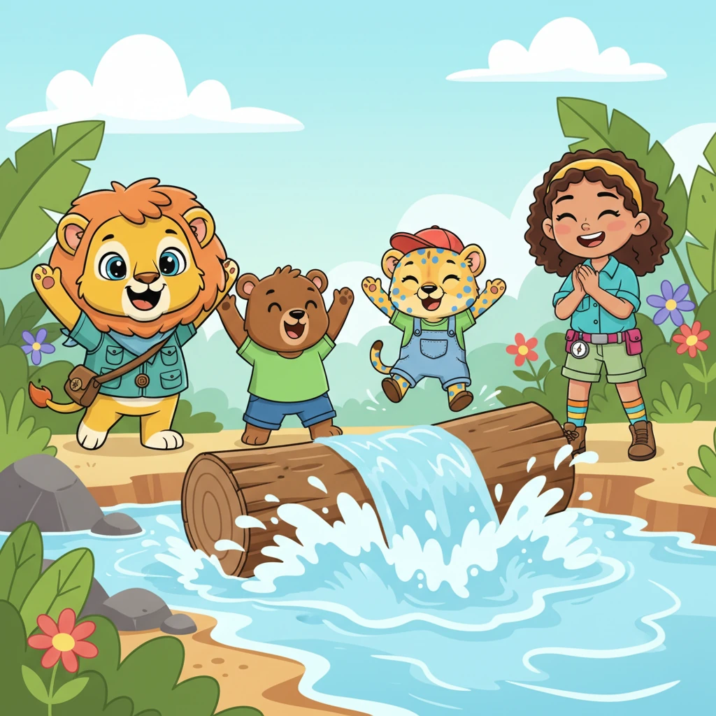 With a final, tremendous heave from Leo and Bobo, the log finally tumbled aside, splashing into a deeper part of the river! A cheer erupted as the water surged forward, gushing down the riverbed with renewed vigor. The friends celebrated their successful teamwork, their faces beaming with pride.