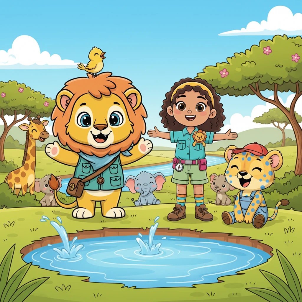 The savanna was vibrant once more, the river flowing freely, bringing life back to every corner. The animal friends gathered by the now full waterhole, happy and content, knowing that by working together, they could overcome any challenge. Pip chirped happily from Leo's mane, a symbol of their amazing friendship.
