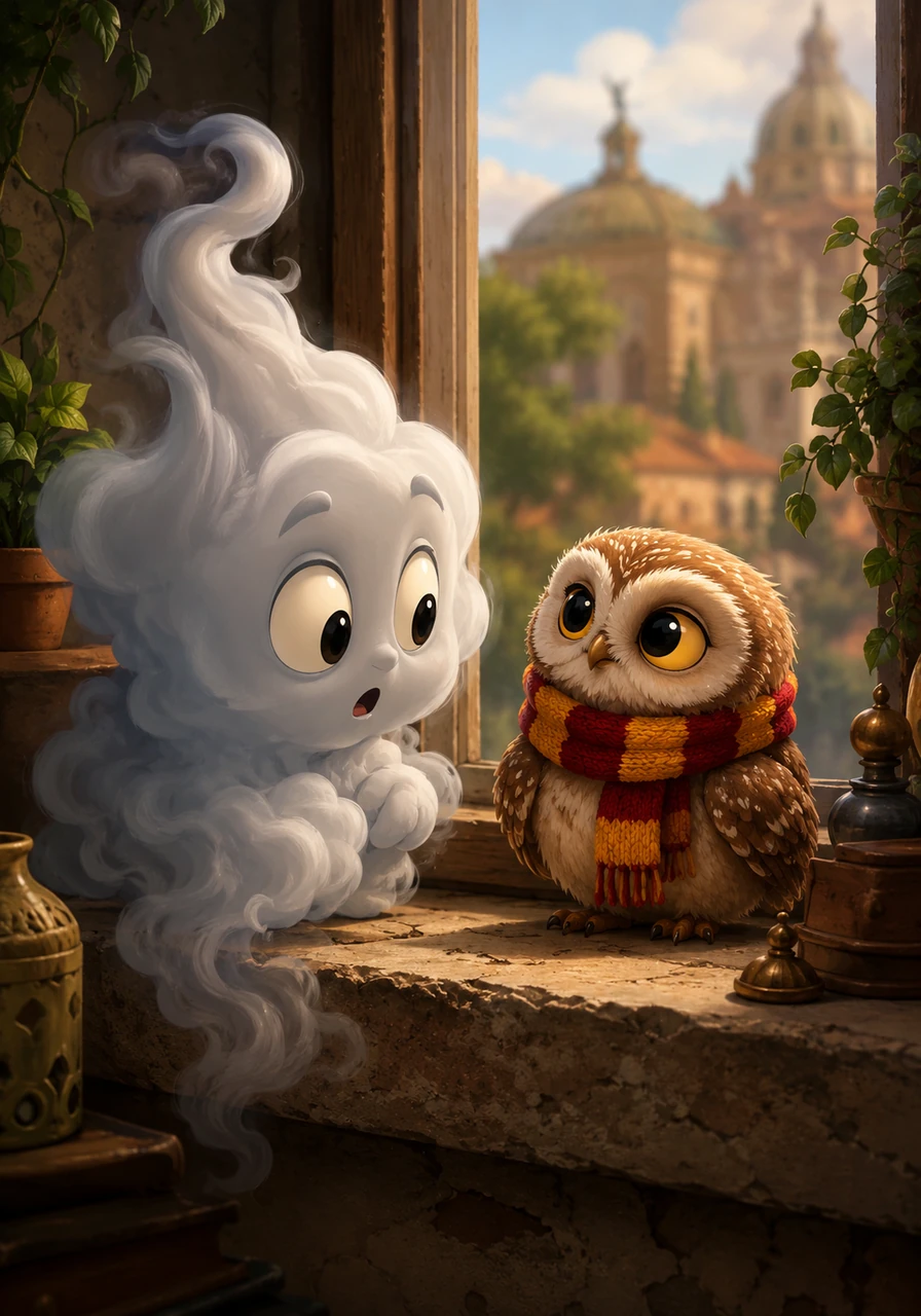 Suddenly, a soft rustling sound on the windowsill caught his attention. There sat a tiny, wise-looking little owl named Malagò, proudly wearing a cozy Giallorossa scarf wrapped around its neck. The owl looked at Vapo with bright, knowing eyes and a gentle, comforting smile.