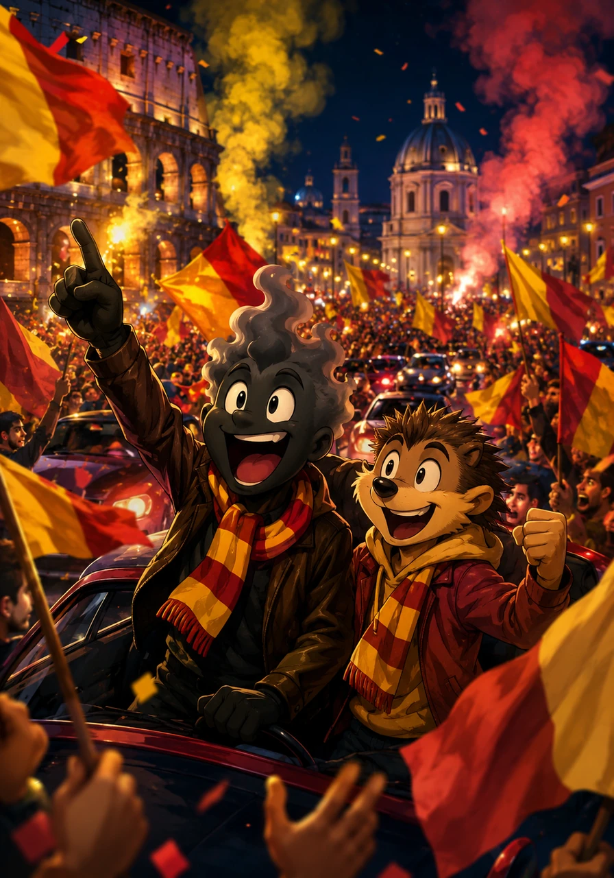 Rushing outside into the lively streets of Rome to celebrate his grand victory, Vapo was greeted by an ocean of yellow and red flags. The entire city was alive with roaring chants, honking cars, and colorful smoke filling the night sky.