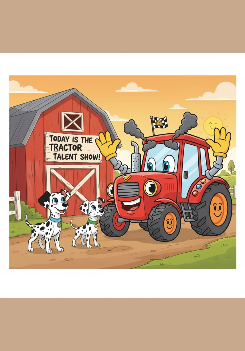 The sun rose over the farm with a happy glow. Bobby and Matrix, two spotted Dalmatians, saw a big sign on the barn door. 'Today is the Tractor Talent Show!' honked a friendly red tractor with a big smile.