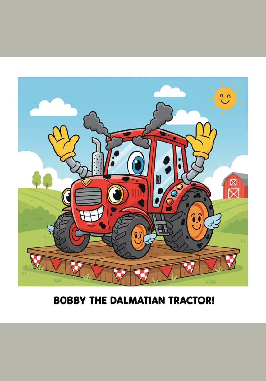 The red tractor stood on a wooden stage in the middle of the yard. 'Welcome, everyone!' he cheered. 'Show us what makes you special!' All the animals began to practice their favorite tricks.