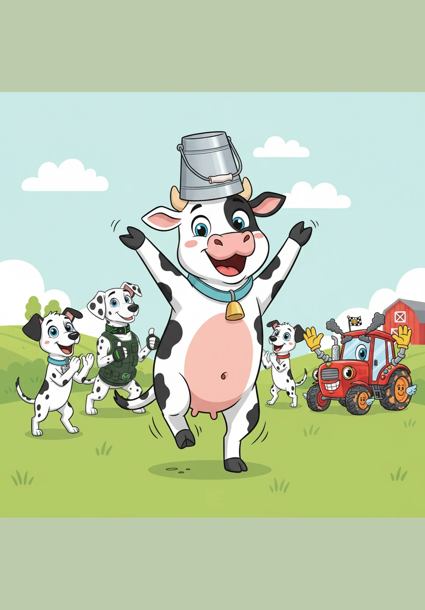 Daisy the Cow balanced a shiny milk pail right on her head. She wiggled and jiggled, but the pail stayed perfectly still. 'Moo-la-la!' she laughed as the other animals cheered.
