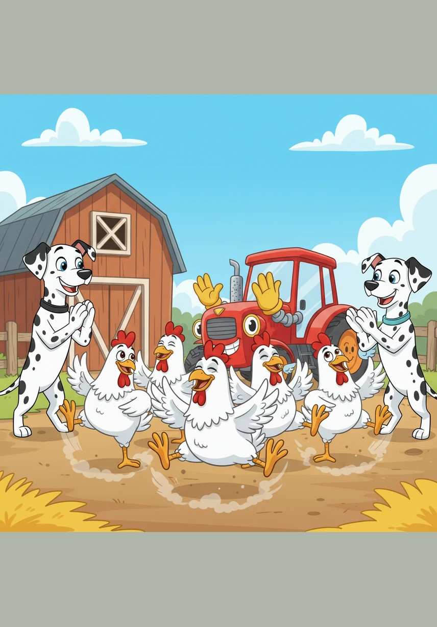 The chickens clucked and fluttered in a silly line dance. 'Flap, flap, wiggle!' they sang together, kicking up their yellow feet. Everyone laughed and clapped along to the beat.