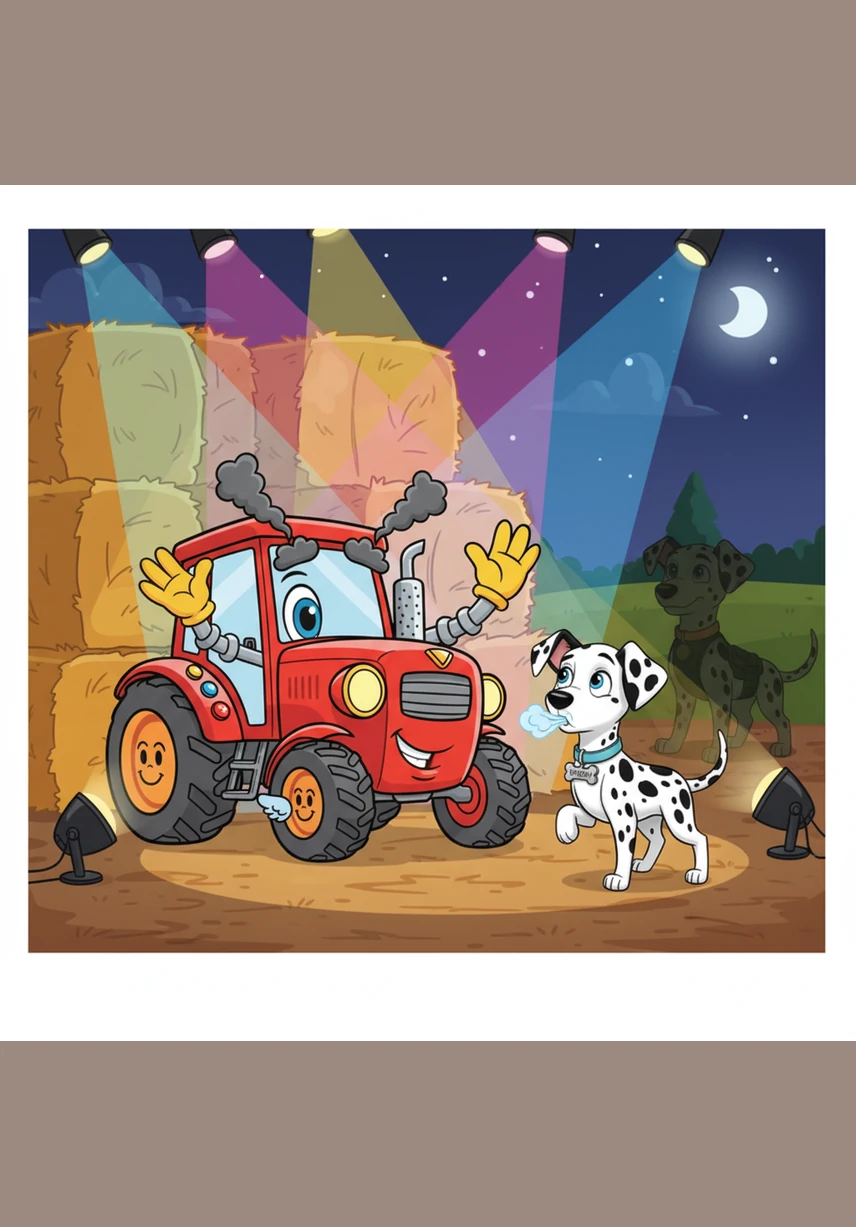 The red tractor turned on his bright, colorful stage lights. 'Next up, the Dashing Dalmatians!' he announced. Bobby took a deep breath and stepped out from behind the hay.