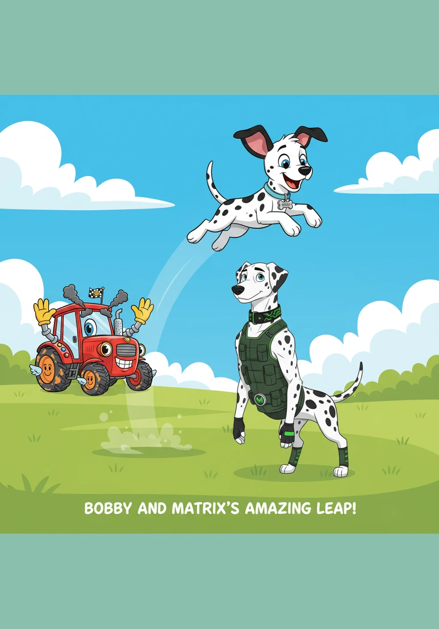 Boing! Bobby jumped high into the air, soaring right over Matrix in a perfect arc. The crowd went wild with a 'Clap, clap, cheer!' Bobby felt like a star.