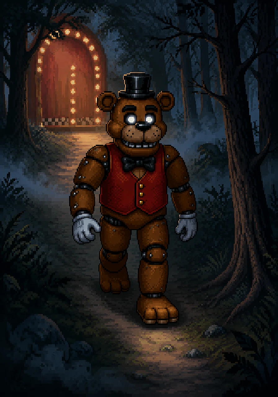 Barnaby Bear, a grand animatronic mascot wearing a polished black top hat and a matching bow tie, steps away from the bright stage lights and into the quiet, mist-covered woods. His glowing white eyes illuminate the twisting path ahead as he wanders far beyond the park boundaries.