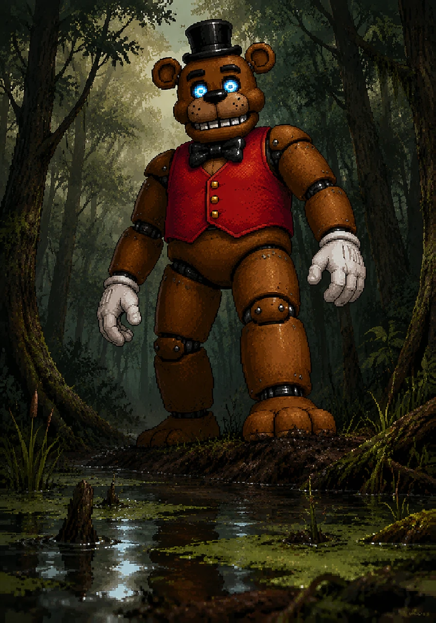 The heavy mechanical crunch of Barnaby's footsteps echoes through the dense forest, his white performing gloves swaying gently at his sides. He reaches the edge of a forgotten, shimmering swamp where the ground turns soft and treacherous.
