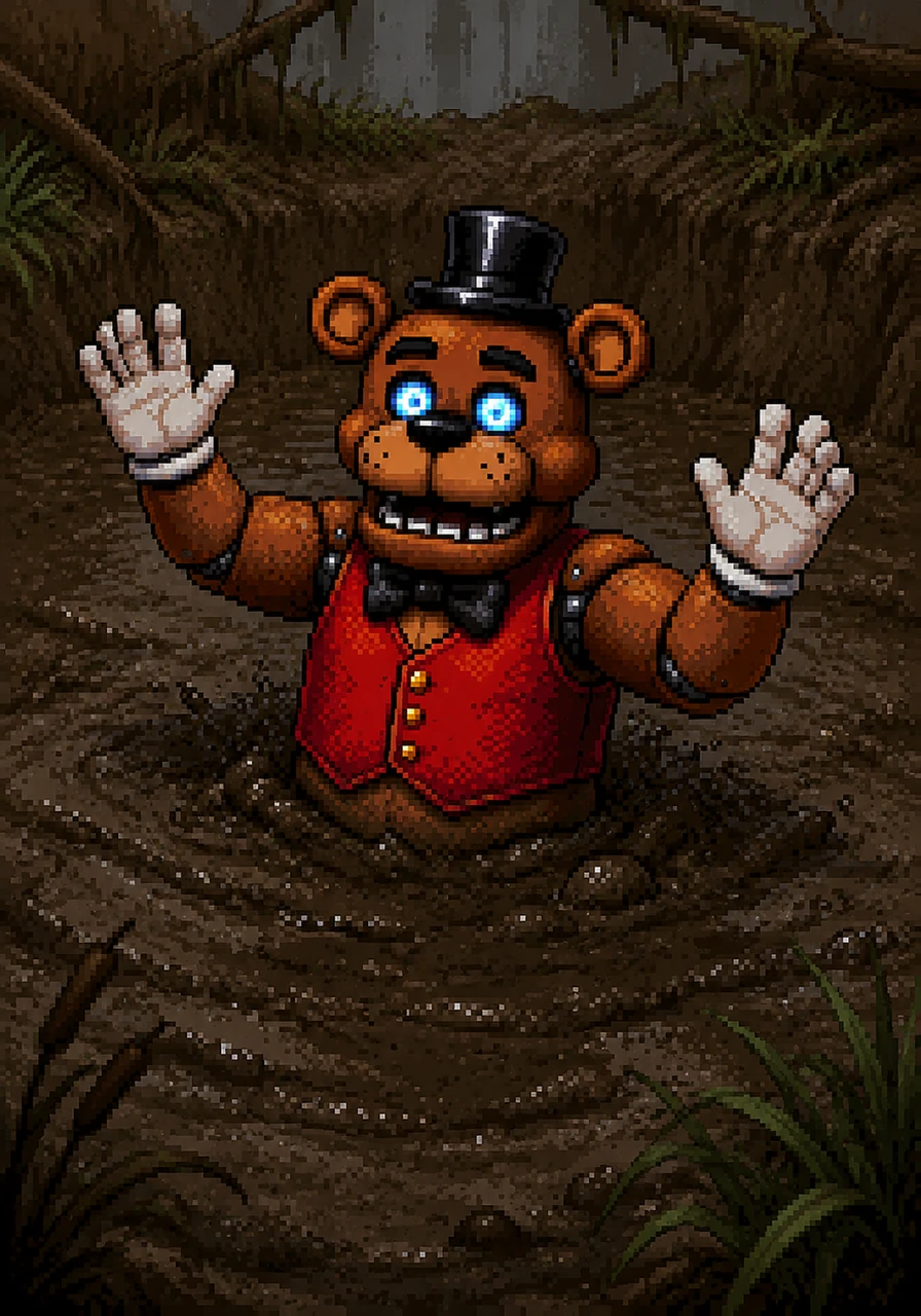 With a sudden, heavy squelch, Barnaby steps directly into a deep mud pit, his heavy metal frame sinking rapidly into the thick, dark mire. The cool mud quickly rises past his waist, pinning his robotic legs firmly in place.