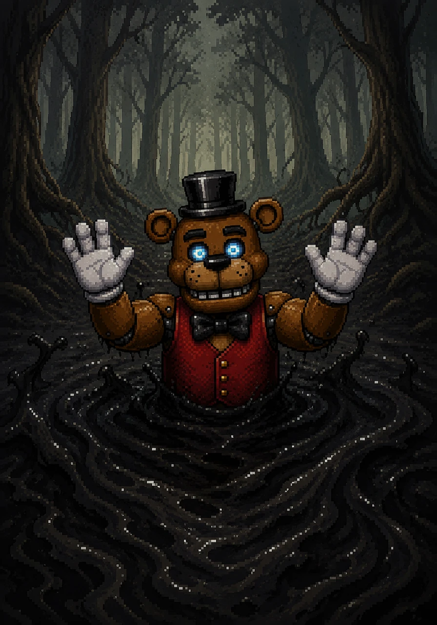 As the thick sludge climbs higher, Barnaby raises both of his white-gloved hands toward an unseen camera in the distance, waving a polite but desperate farewell. His built-in voice speaker emits a faint, crackling melody that cuts through the silent woods.