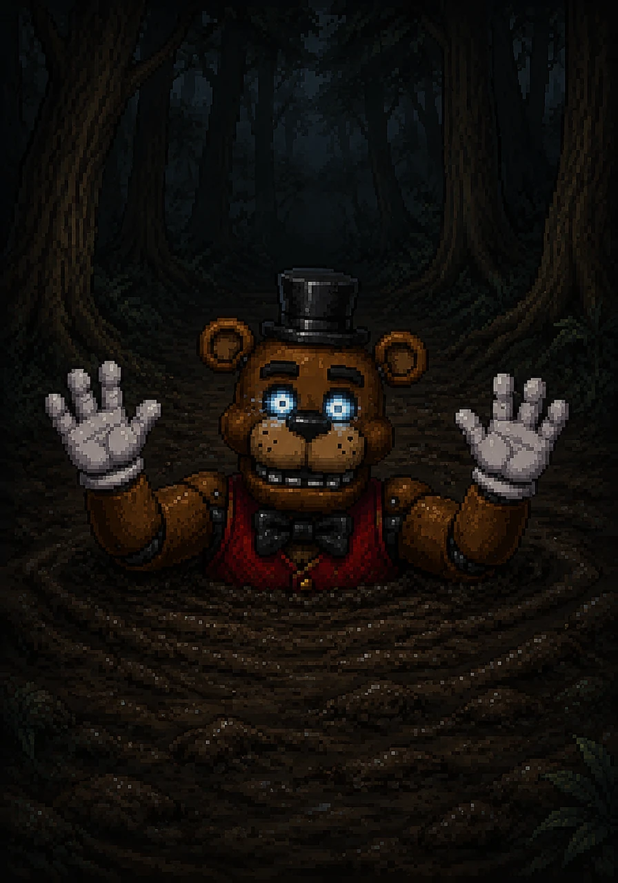 The mud reaches his shoulders, swallowing the bright red fabric of his vest as he continues to wave his white performing gloves in a slow, rhythmic motion. His light-up eyes flicker erratically against the darkening shadows of the forest canopy.