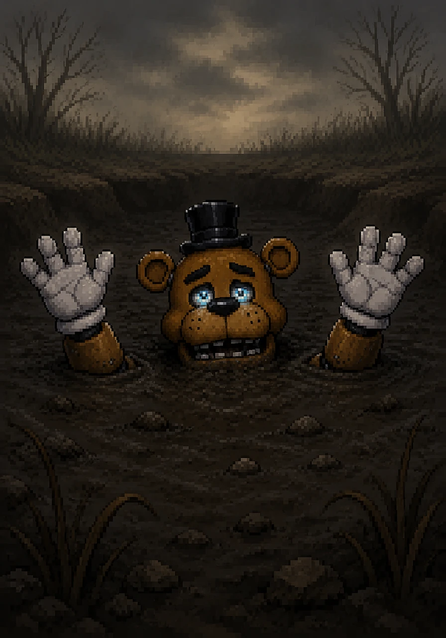 Now stuck neck-deep in the mud pit, Barnaby's head remains tilted upward, both white gloves still waving a final, peaceful goodbye to the world above. The dark sludge laps at his chin, beginning to muffle the faint static humming from his internal speakers.