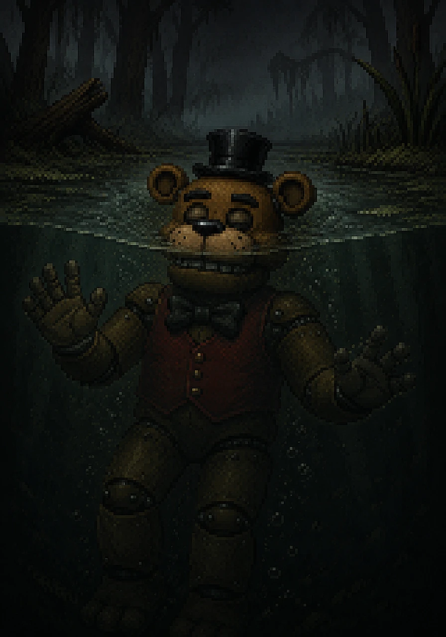Slowly and peacefully, Barnaby begins to disappear from view as he submerges further into the dark mire. His moving jaw suddenly stiffens and closes on its own, cutting off the last remnants of his mechanical voice.