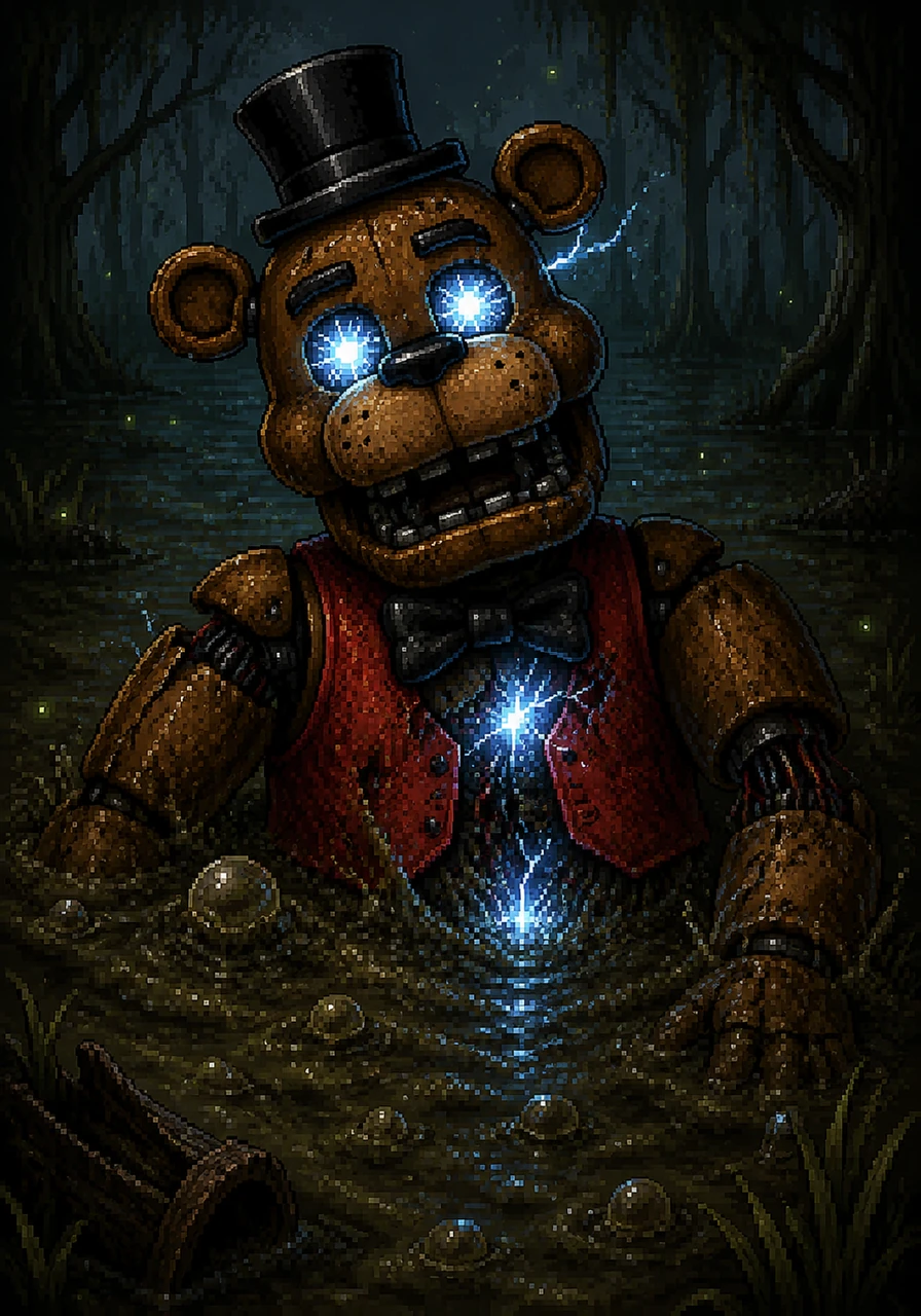 The voice speaker falls completely silent and the bright light-up eyes begin to flicker violently, casting erratic shadows across the bubbling mud. Internal sparks dance behind his plastic vision plates as the swamp water breaches his central wiring.