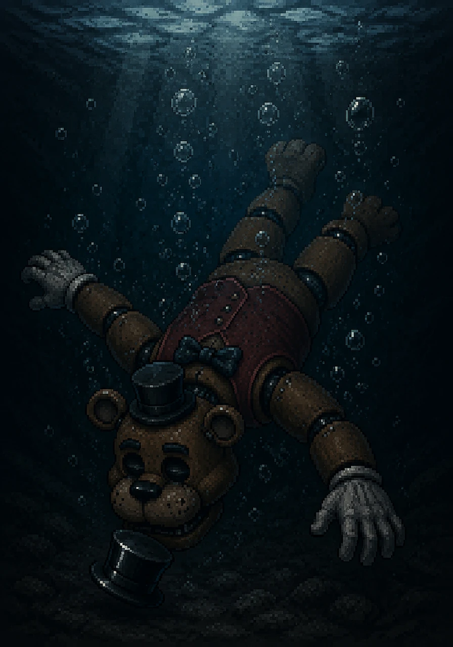 Just before his top hat touches the surface, a quiet click echoes through the chassis as the animatronic bear automatically deactivates itself, all internal systems shutting down forever. The glowing eyes go dark, leaving only a cold, lifeless metallic shell sliding into the deep.