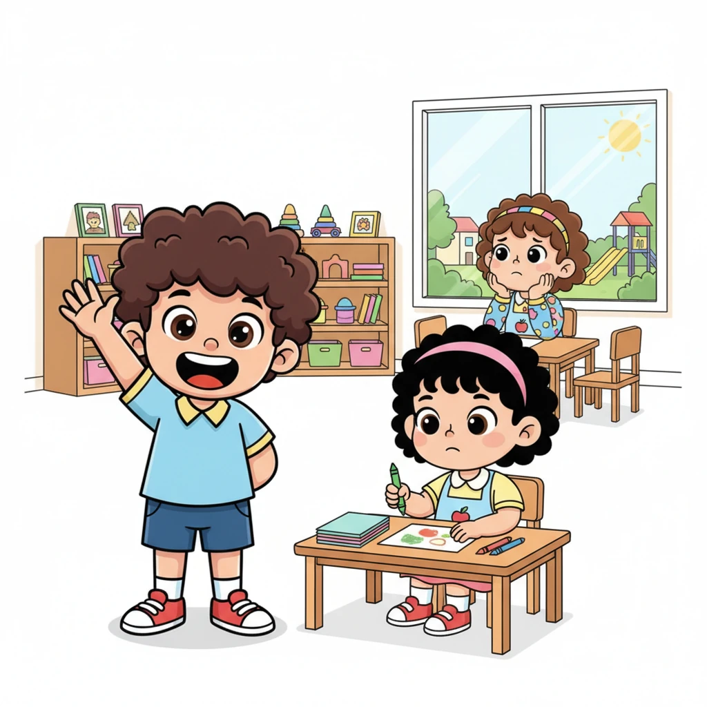 Di sebuah kelas PAUD yang ceria, hiduplah tiga sahabat: Budi yang pintar dan bersemangat, Dani yang ramah, dan Kiki yang seringkali terlihat bosan. Budi selalu mengangkat tangan pertama, sementara Dani sibuk menggambar di mejanya. Kiki, di sisi lain, lebih suka melamun dan melihat keluar jendela.