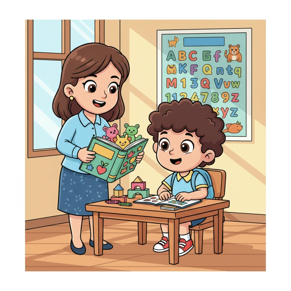 Ibu Guru Lina, dengan senyum hangatnya, memperhatikan Kiki yang seringkali kehilangan fokus. Ia tahu Kiki sebenarnya anak yang baik, hanya butuh cara belajar yang berbeda. Ibu Guru Lina pun memikirkan sebuah ide baru untuk membuat belajar lebih menyenangkan.