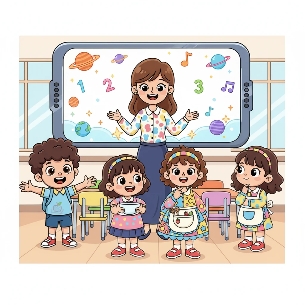 Keesokan harinya, Ibu Guru Lina memperkenalkan sesuatu yang baru dan menakjubkan: sebuah "Layar Belajar Ajaib" yang besar dan cerah! Mata Budi dan Dani langsung berbinar-binar penuh rasa ingin tahu dan semangat yang membara. Kiki pun sedikit penasaran.