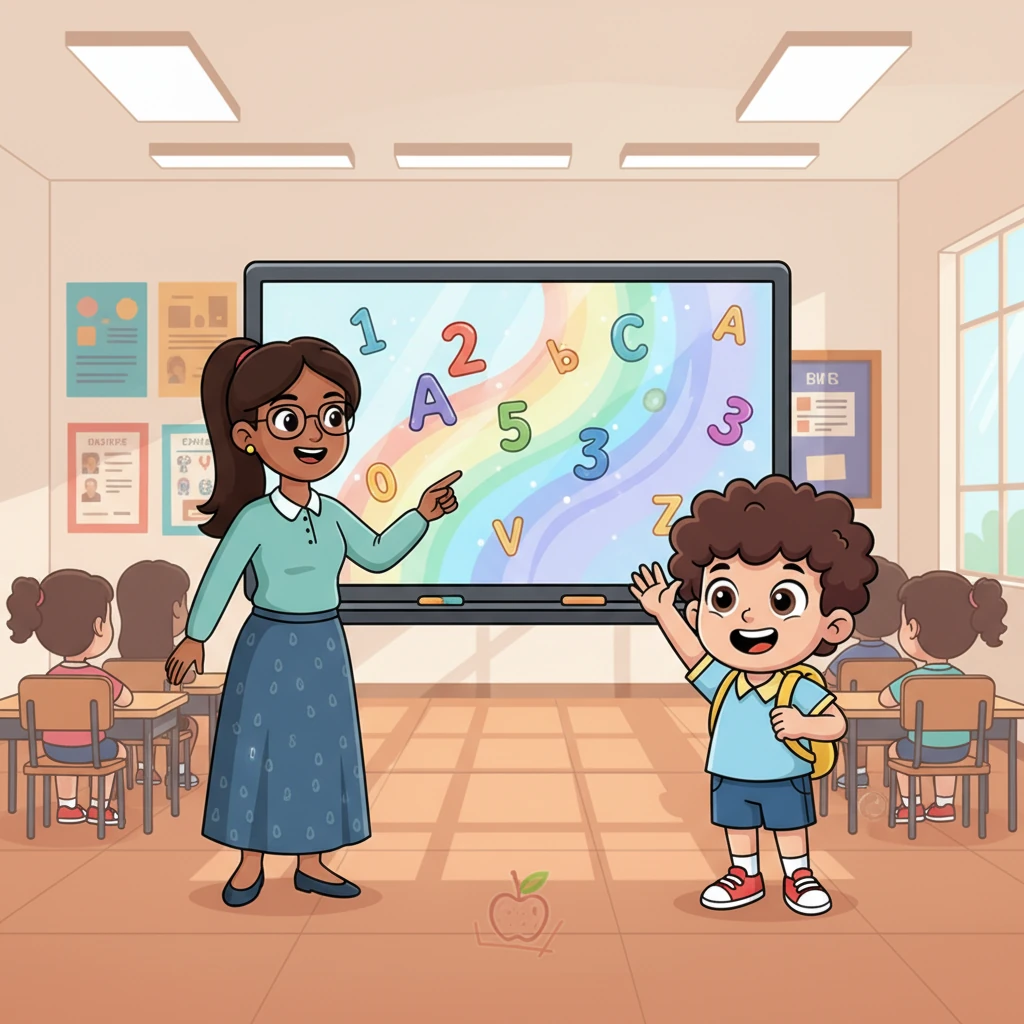 Pelajaran interaktif pertama dimulai dengan penuh kegembiraan. Ibu Guru Lina menyentuh layar, dan tiba-tiba, animasi warna-warni muncul, membuat angka dan huruf menari-nari. Budi dengan antusias langsung mengangkat tangan dan menjawab semua pertanyaan.