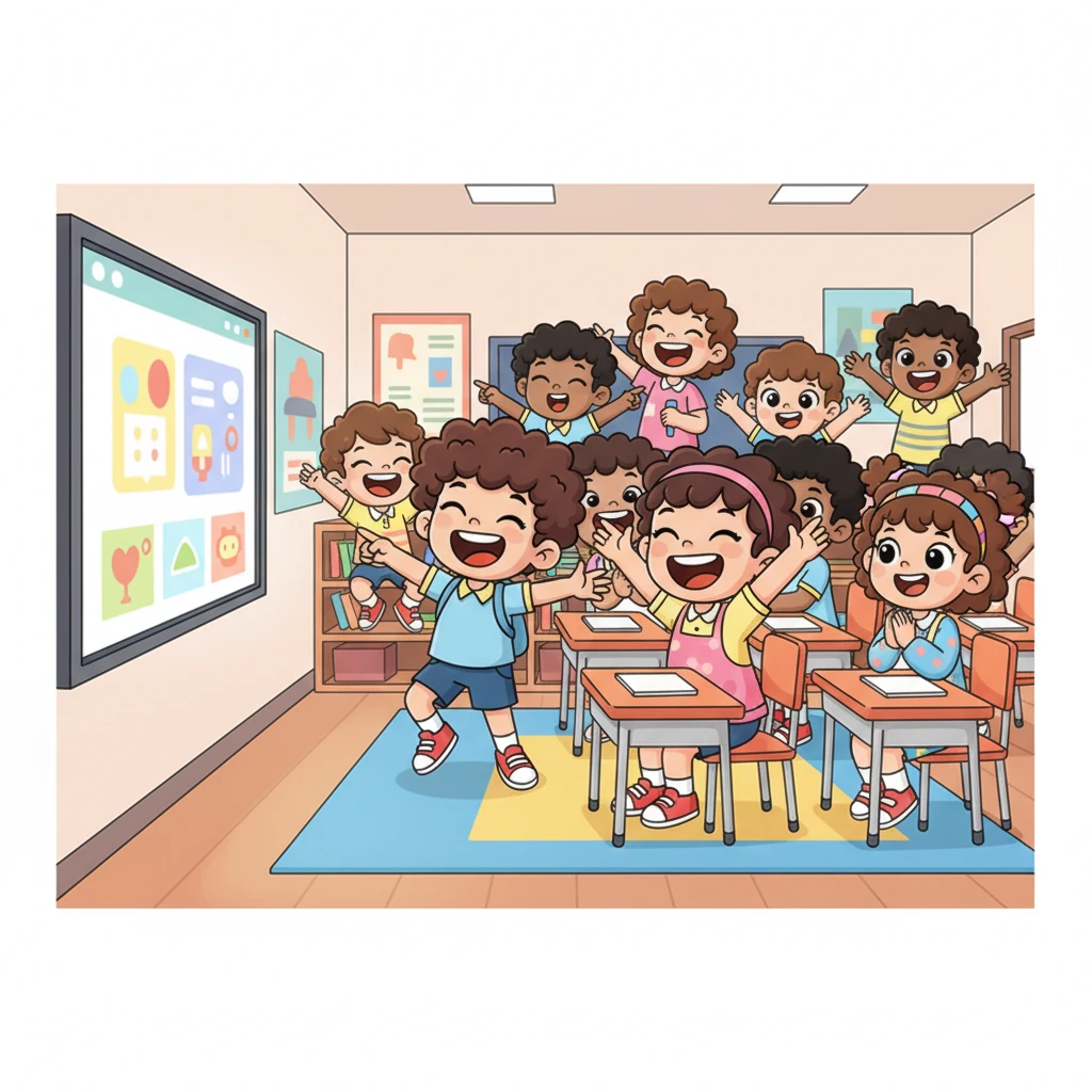 Dani juga ikut tertawa riang, menunjuk ke arah layar dan berinteraksi aktif. Suasana kelas menjadi hidup dengan suara tawa, celetukan, dan semangat anak-anak. Semua anak tampak sangat menikmati cara belajar yang baru ini.