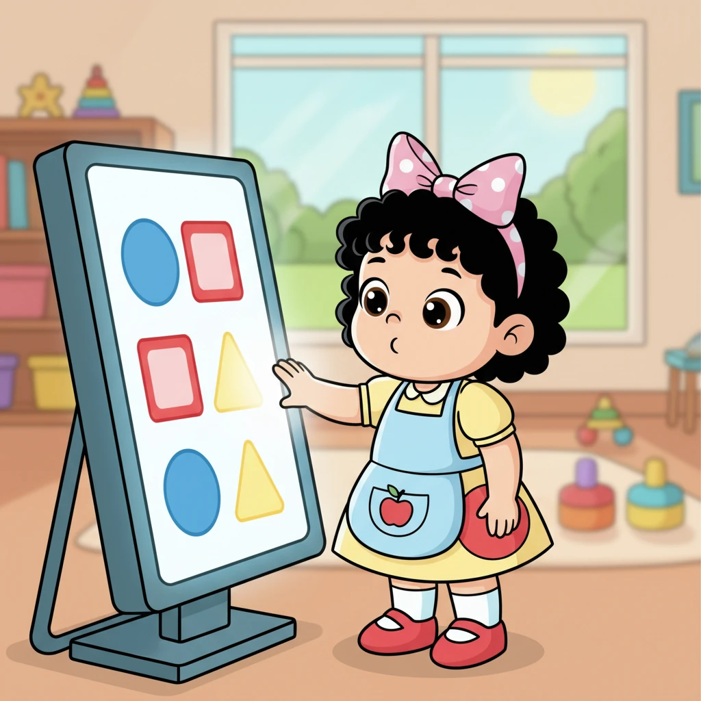 Kiki, yang tadinya hanya mengamati dari jauh, perlahan mulai mendekat. Sebuah permainan mencocokkan bentuk dan warna yang cerah di layar menarik perhatiannya. Kiki mulai merasakan sedikit rasa ingin tahu yang tumbuh di dalam dirinya.