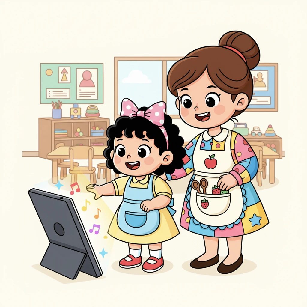 Melihat Kiki yang mulai tertarik, Ibu Guru Lina dengan lembut mengundangnya untuk mencoba. Dengan sedikit dorongan, Kiki memberanikan diri menyentuh layar. Sebuah suara ceria terdengar, dan Kiki tersenyum lebar untuk pertama kalinya hari itu. Ia menyadari belajar bisa sangat menyenangkan!