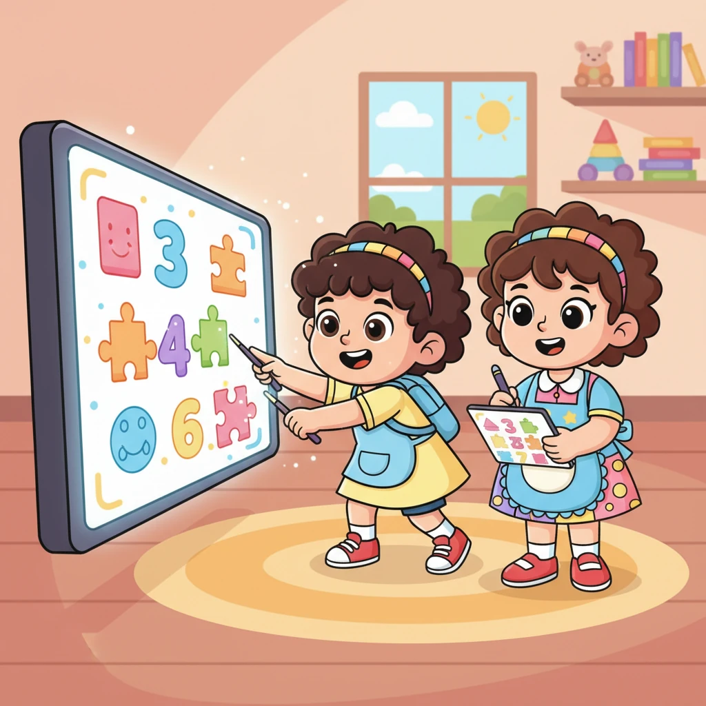 Kini, Budi, Dani, dan Kiki semuanya aktif berpartisipasi di depan "Layar Belajar Ajaib". Kiki tidak lagi mencoba pergi; ia sepenuhnya fokus dan bersemangat, dengan senyum lebar di wajahnya. Mereka bertiga bekerja sama menyelesaikan berbagai tantangan di layar.