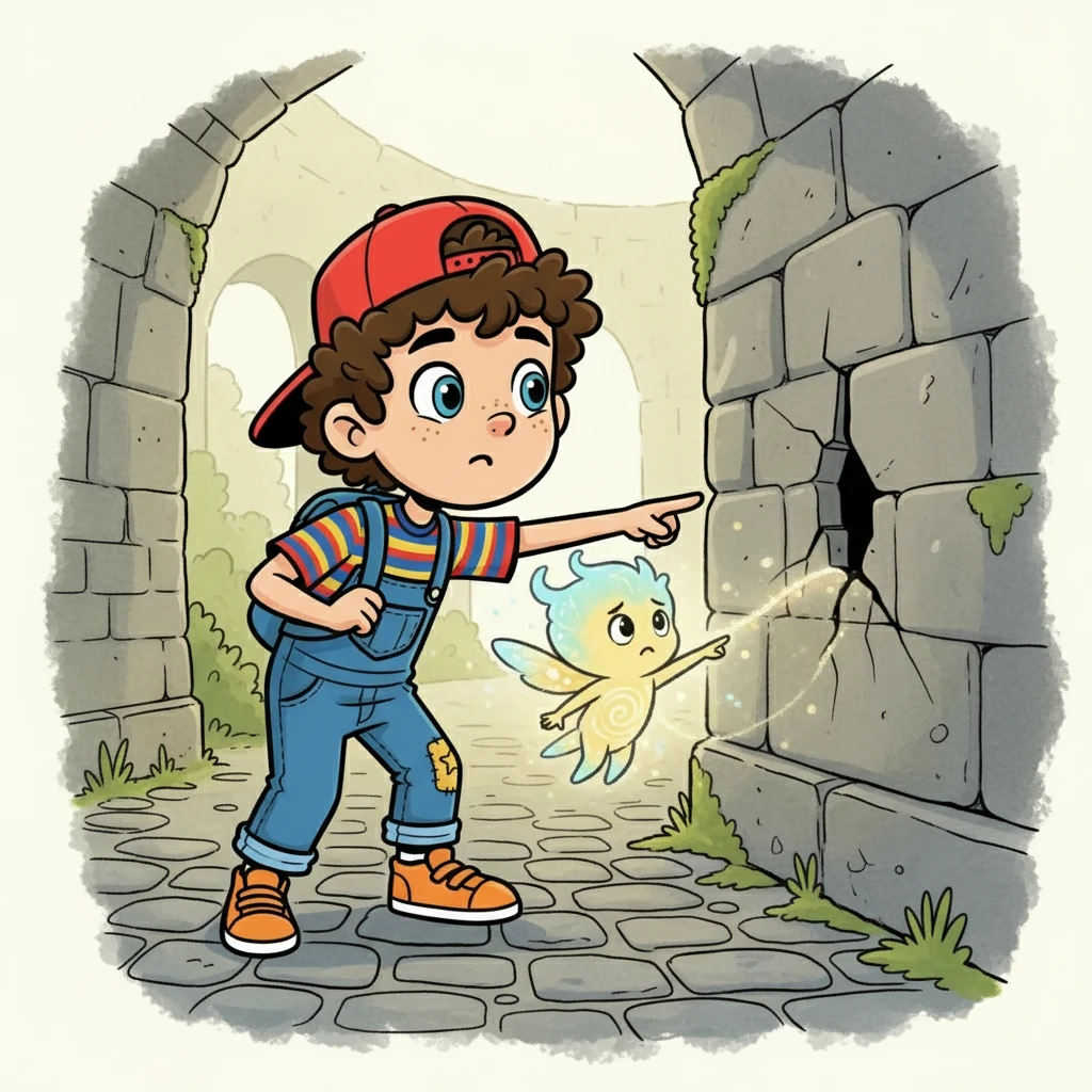 Suddenly, a tiny, shimmering figure appeared beside Aditya. It was a Whispering Sprite, its body made of light and its eyes filled with concern. The Sprite pointed towards a crack in the wall, beckoning Aditya closer.