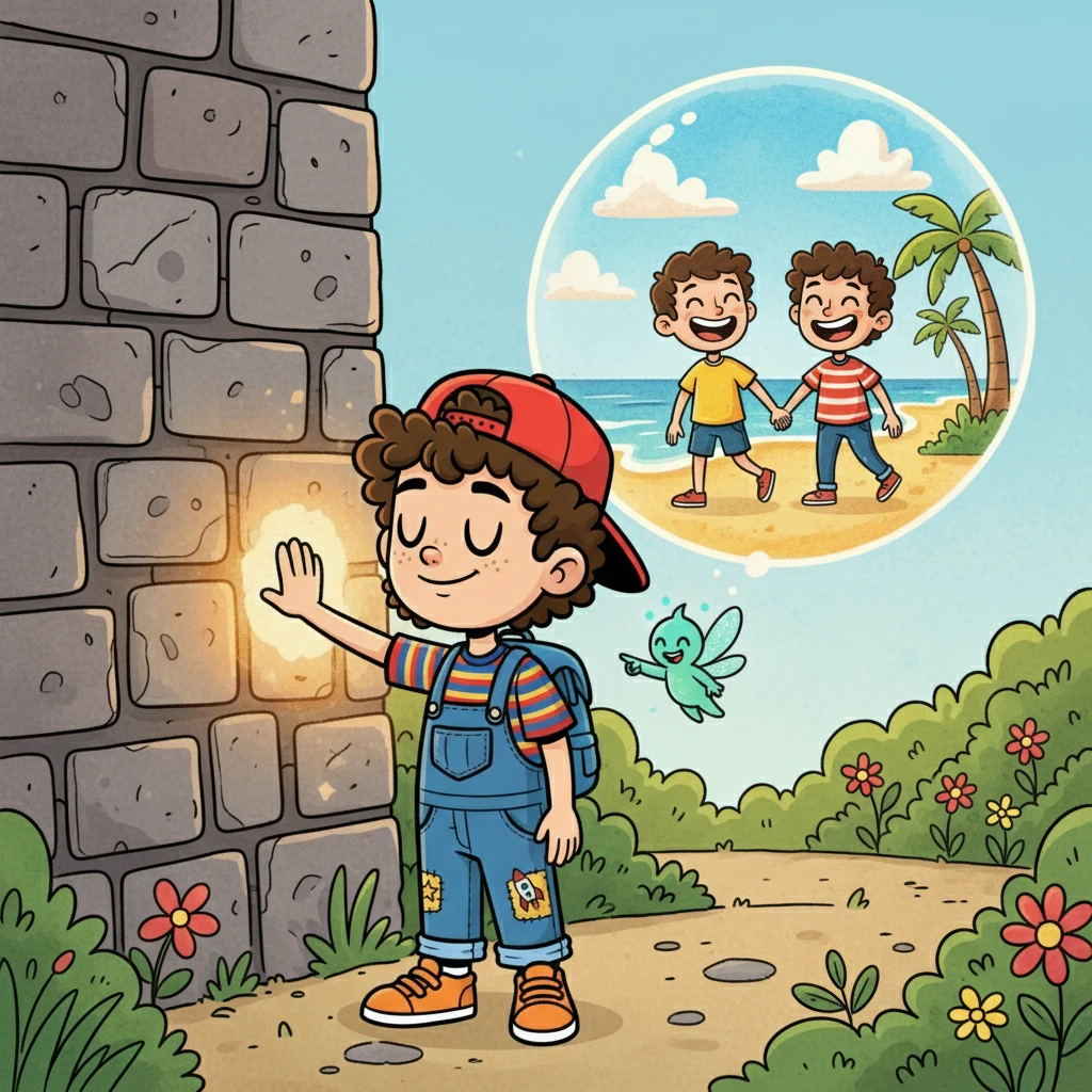 Following the Sprite, Aditya touched the wall. The rough plaster felt strangely warm. He closed his eyes, and a vision flooded his mind: his parents, younger, laughing, and holding hands at the beach.