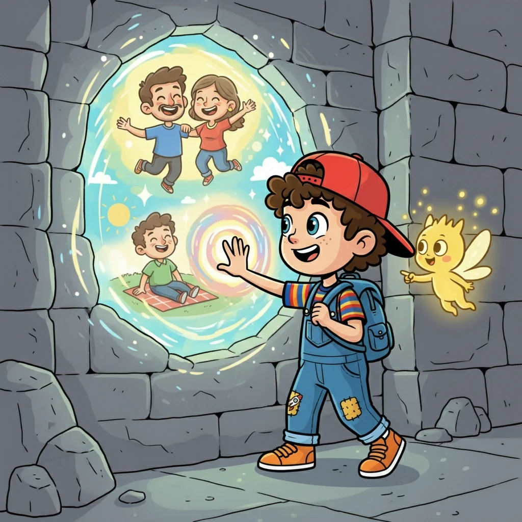Aditya and the Sprite ventured into a secret, shimmering world within the walls. They saw images of his parents when they were happy, sharing moments of joy. This world offered a different perspective on their current state.