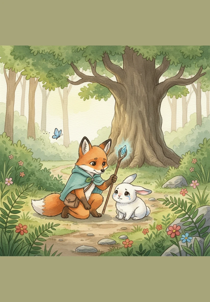 The little bunny introduced himself as Barnaby and explained through small sniffles that he had wandered too far while chasing a blue butterfly. He didn't know which path led back to his family's hidden burrow near the Great Oak tree.